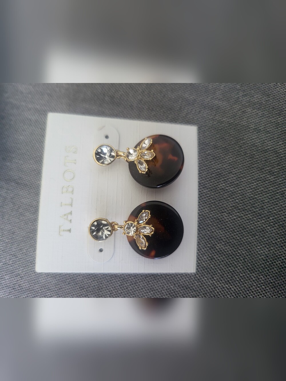 Talbots Gold-Tone Tortoiseshell Drop Earrings with Clear Crystals